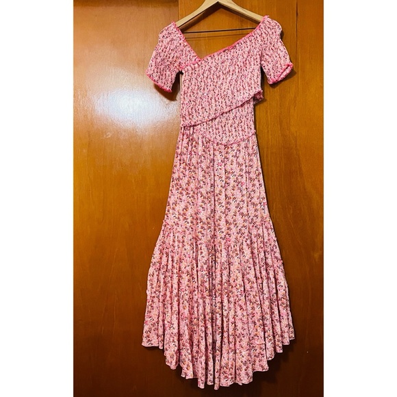 Poupette St Barth Soledad Smocked Midi Dress Pink Damask Floral Off Shoulder - Picture 5 of 16